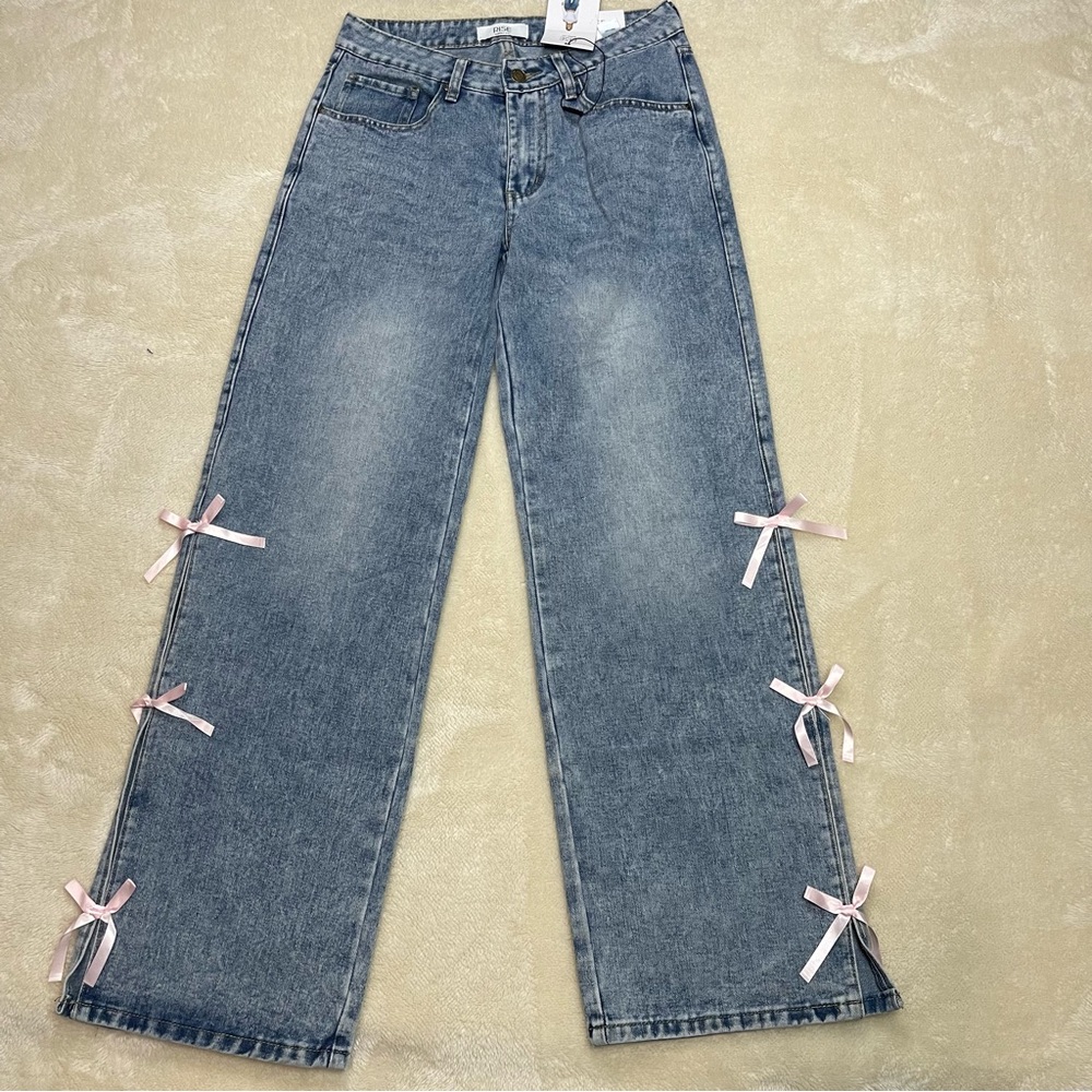 Rise Supply Co. Mid Rise Wide Leg Jeans NWT Pink Bows Vintage Wash Sz 5 Coquette